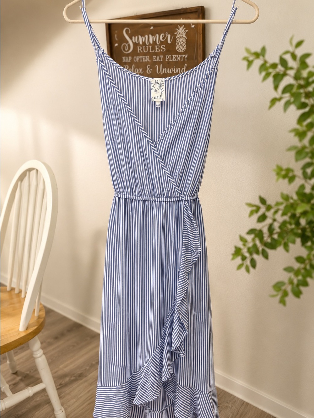 NAIF Blue and White Striped Wrap-Style Maxi Dress